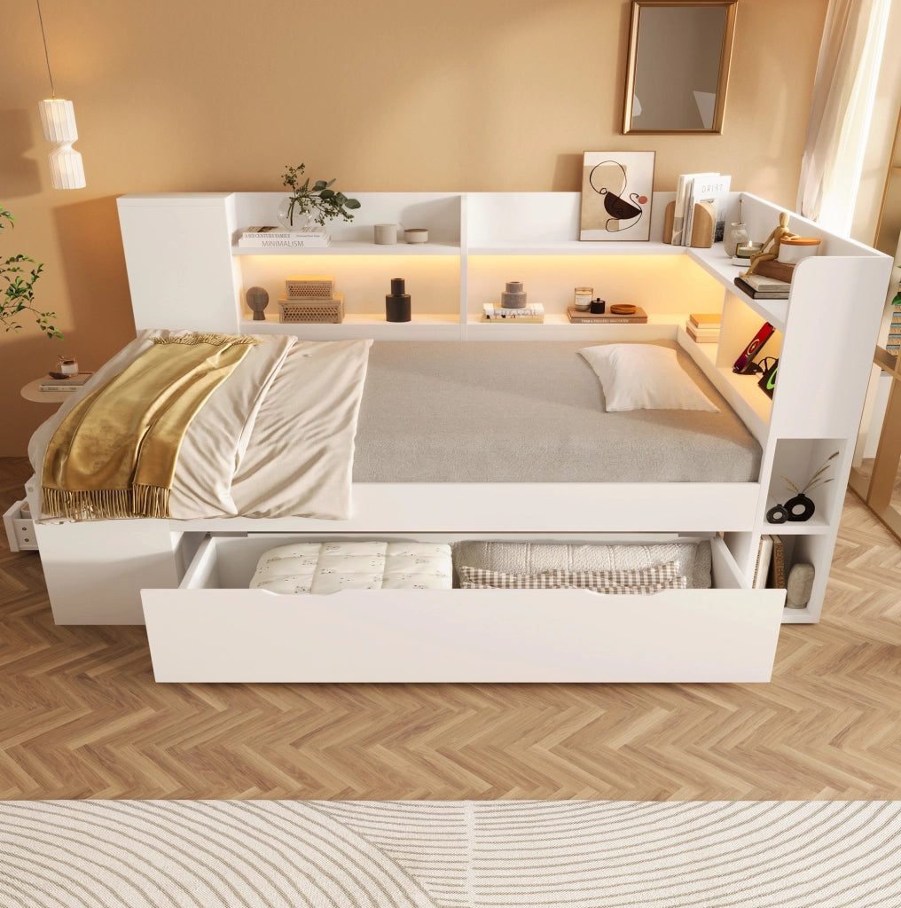 Letto una piazza con contenitore e LED 90x200 cm in legno bianco con USB e tipo C; con materasso