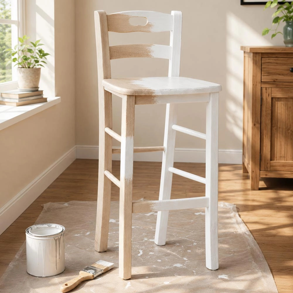 Sgabello in legno grezzo con schienale h 66 cm con seduta in legno massello
