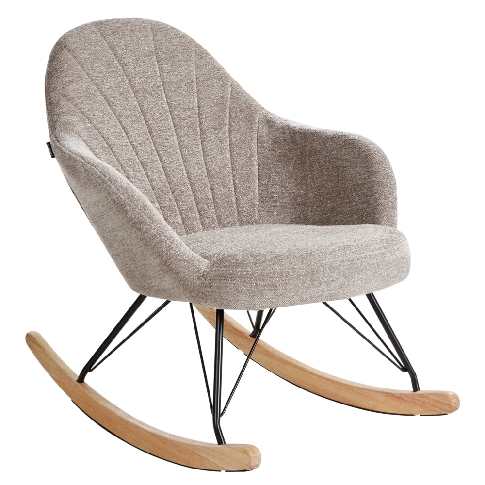Sedia a dondolo in tessuto tortora gambe in legno e metallo pattini design moderno soggiorno