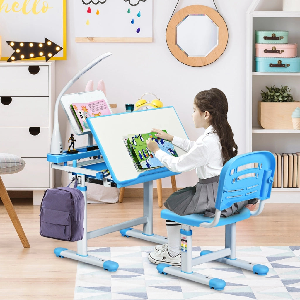 Scrivania per bambini altezza regolabile 54-76cm Set tavolo e sedie bimbi inclinabile con lampada, Blu-Tavoli e sedie