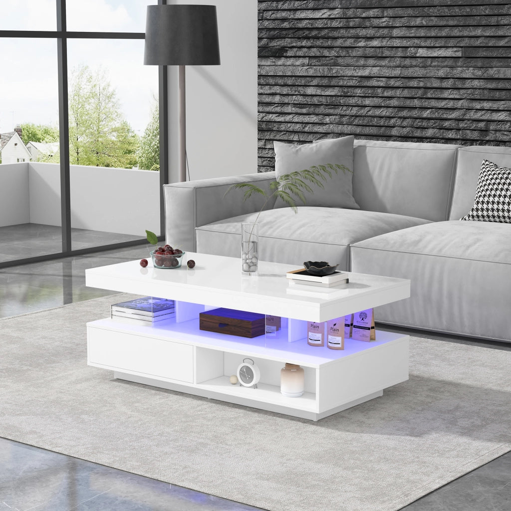TAVOLINO DA SALOTTO 95x50x42,5 cm Bianco Lucido con 2 cassetti e 2 vani aperti