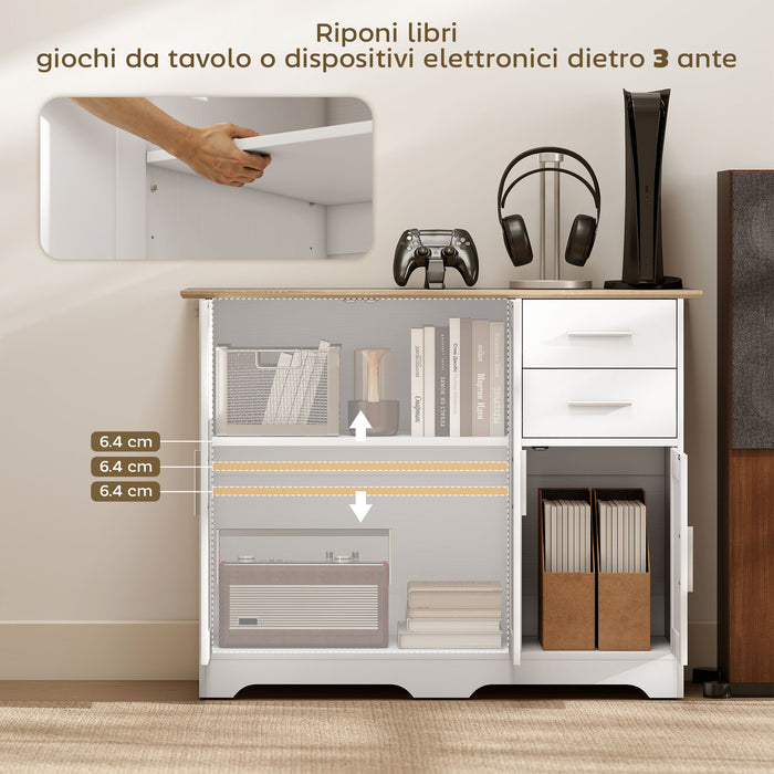 Credenza Moderna Buffet 100x40x78 cm con 2 Cassetti e 2 Armadietti in Legno Bianco e color Legno