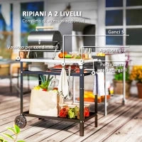 Carrello per Barbecue con Piano in Acciaio e Ripiano Regolabile, Ruote e Ganci, 100x52x80 cm, Nero