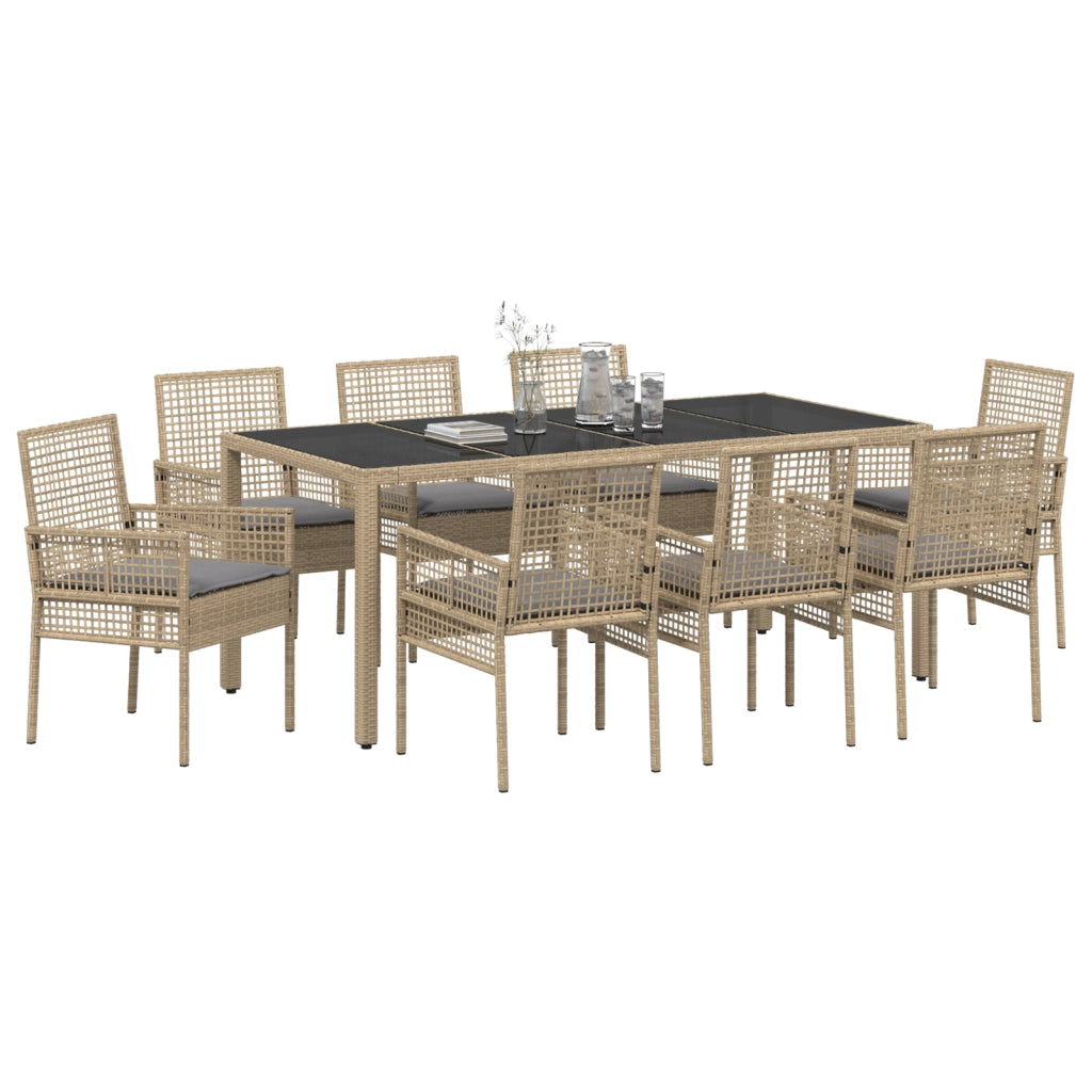 Set da Pranzo da Giardino 9 Pezzi con Cuscini Beige in Polyrattan