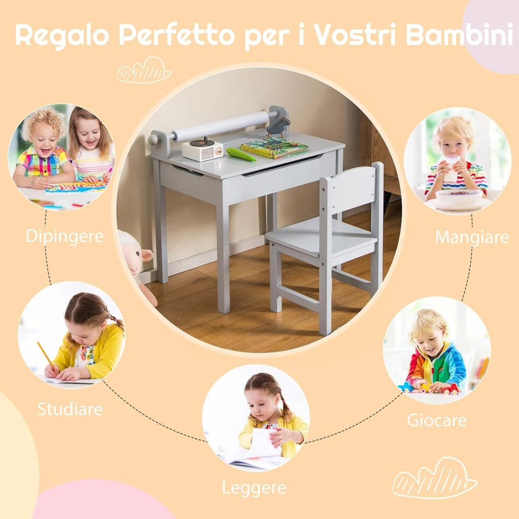 Set Tavolo e Sedia d’Arte per Bambini 3+ Anni, Scrivania in Legno di Pino da Disegno con Portarotolo, Piano Ribaltabile & Vano Portaoggetti, Rotolo di Carta (10m) e 2 Pennarelli (Grigio)