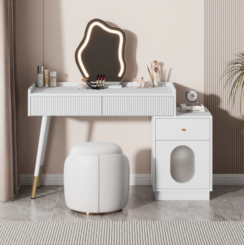Toeletta ULEVR 100x40x75 cm con specchio LED touch a 3 livelli, 2 cassetti e mobile laterale, bianca