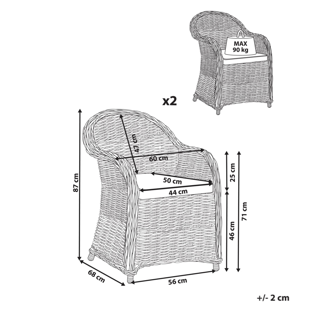Poltrona da giardino in rattan naturale con cuscino di seduta in cotone bianco sporco per interni ed esterni