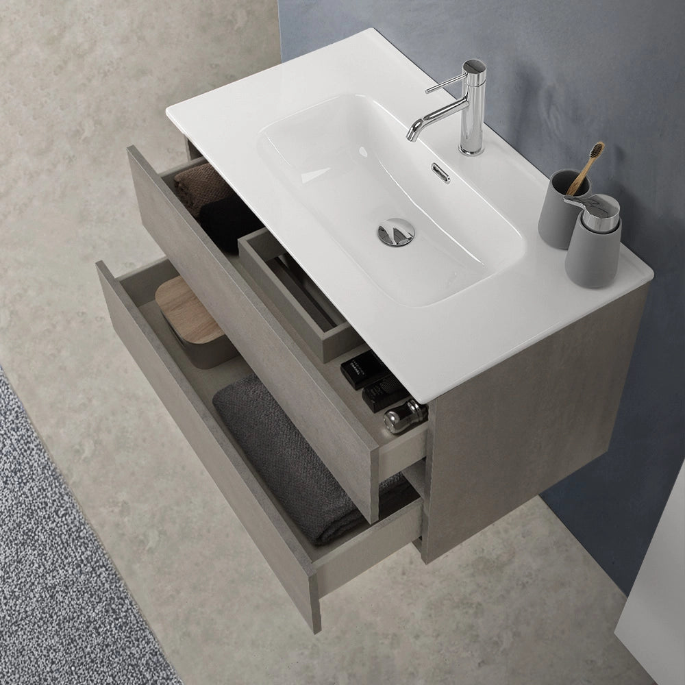 Mobile bagno sospeso 80 cm in legno grigio cemento 2 cassettoni con lavabo Leda