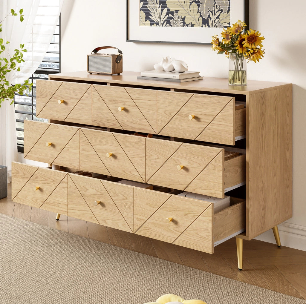 Cassettiera 120x39x80 cm; 9 cassetti con gambe in ferro; pannello truciolare; naturale