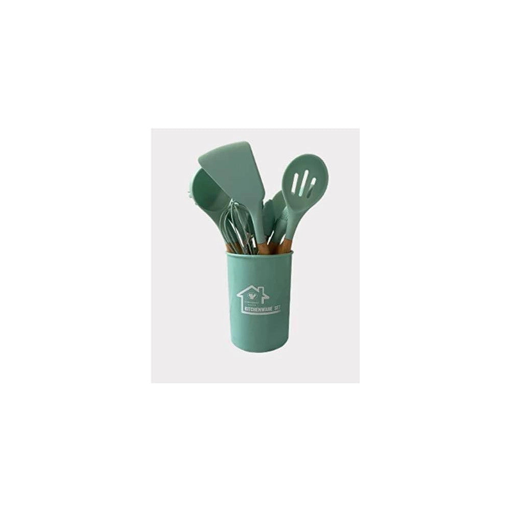 Trade Shop - Set 12 Utensili Da Cucina In Silicone Con Manico Legno Antiaderenti Resistenti -