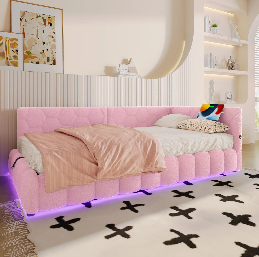 Letto 90x200 cm con contenitore; LED e USB Tipo-C rosa