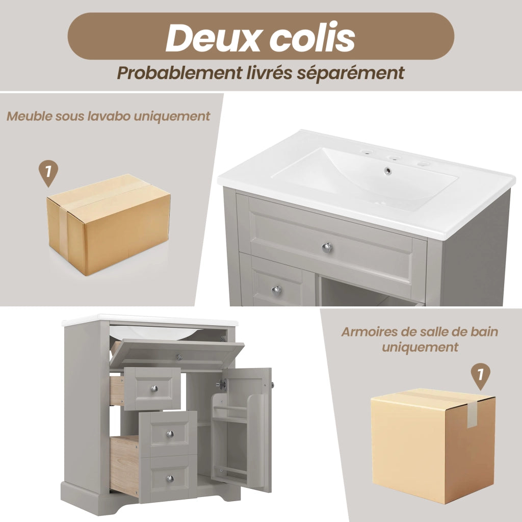Mobile sottolavabo con lavabo in ceramica, 1 anta, 3 cassetti e ripiani, per bagno, grigio, 76 × 46 × 87 cm
