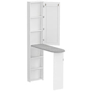 Mobile Asse da Stiro Pieghevole 107x35x174 cm a 6 Ripiani con Specchio e 2 Ganci in Legno e Poliestere Bianco