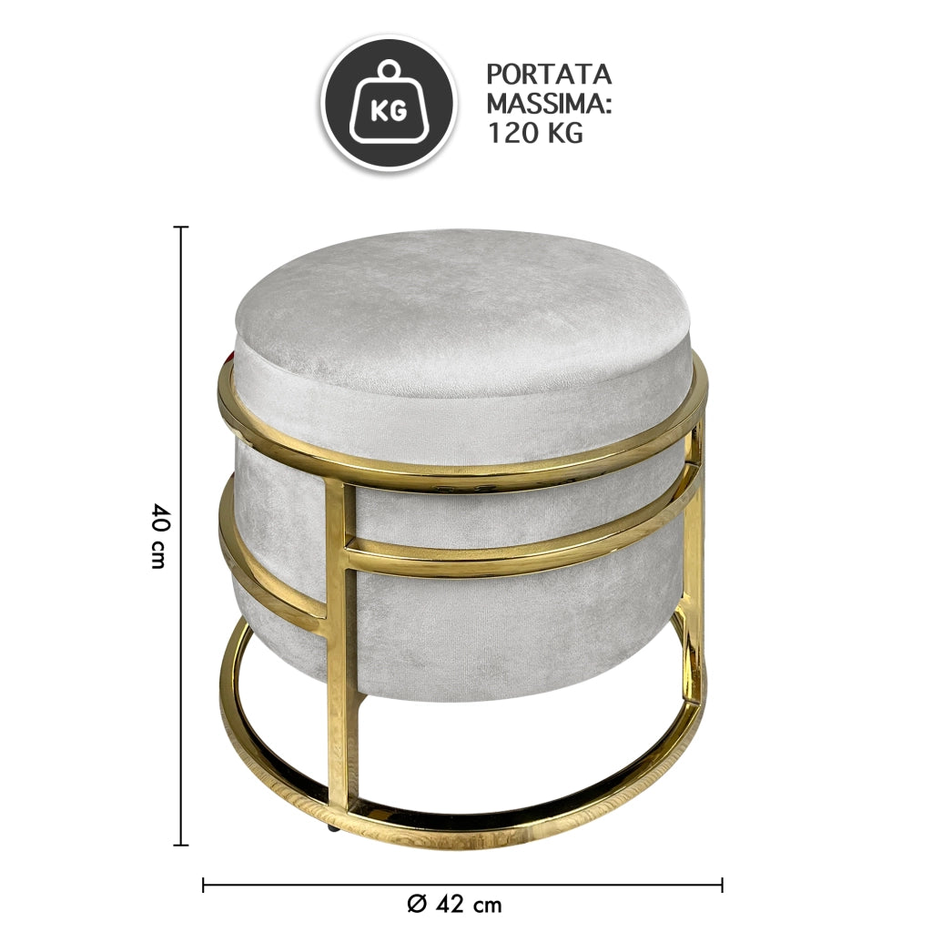 Pouf Contenitore Poggiapiedi Velluto Con Struttura Circolare Cromata Oro Elegante Imbottito Sgabello Per Toeletta Mobile Trucco Ottomano Ingresso Camera Da Letto Rotondo - Grigio chiaro
