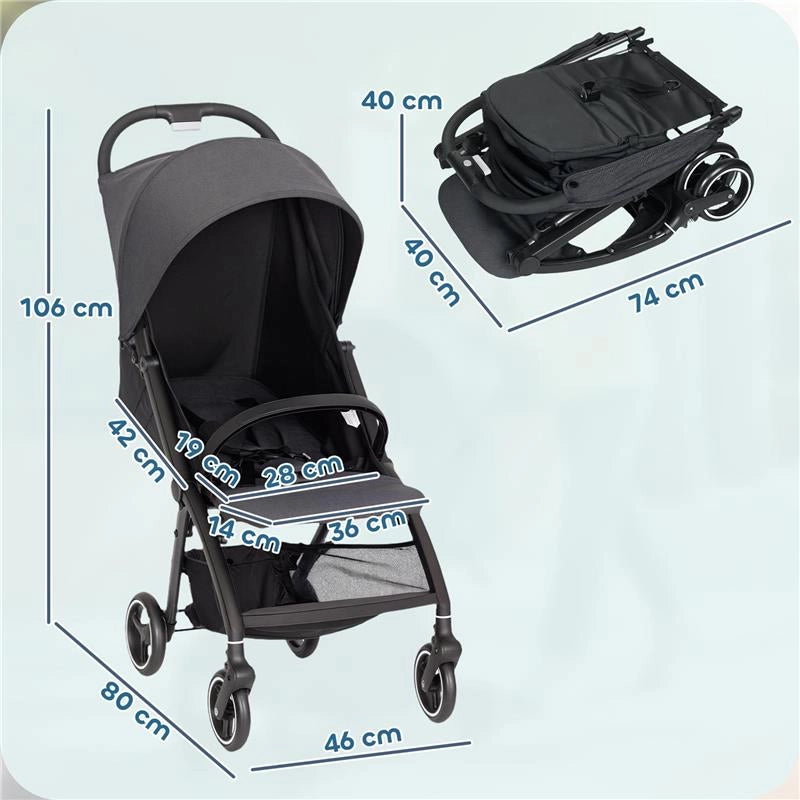 PASSEGGINO PER BAMBINI 0-3 ANNI PIEGHEVOLE E LEGGERO CON SCHIENALE REGOLABILE, CAPOTTINA, CESTINO, GRIGIO SCURO