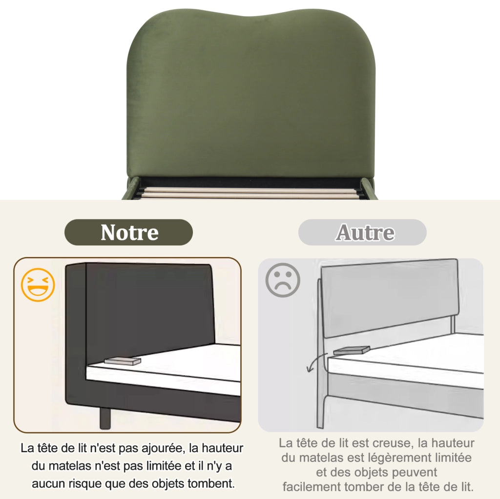 Letto singolo imbottito 90x200 cm con contenitore e rete a doghe; velluto verde