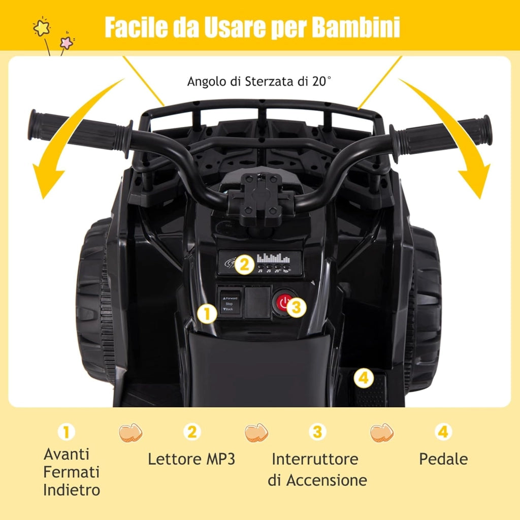 Macchina Elettrica per Bambini, 6V Quad con Fari LED, Cestino Portaoggetti e Lettore MP3, 2 km/h, Veicolo Giocattolo per Bambini 2-5 Anni (Nero)