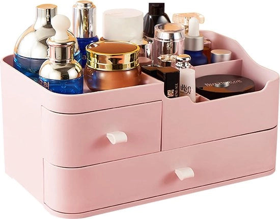 Organizzatore di trucco con ante scorrevoli, scatola di conservazione per cosmetici con 2 ante e 9 contenitori, area di conservazione rossa per trucco, gioielli, attrezzi da scrivere, ufficio, tavolo da trucco, casa, ufficio