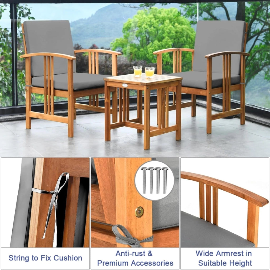 Set da giardino per 2 persone, in legno di acacia, mobili da esterno con cuscini, 1 tavolo e 2 poltrone, cuscini rimovibili, per cortile, patio, soggiorno