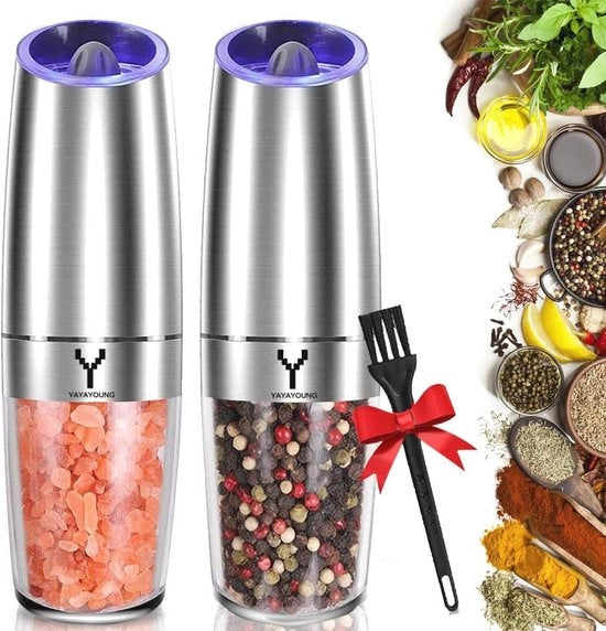 Set di Molitore Elettrico Pepe e Sale con Luce LED Blu - Grinder di Erbe Automatico con Regolazione della Finezza