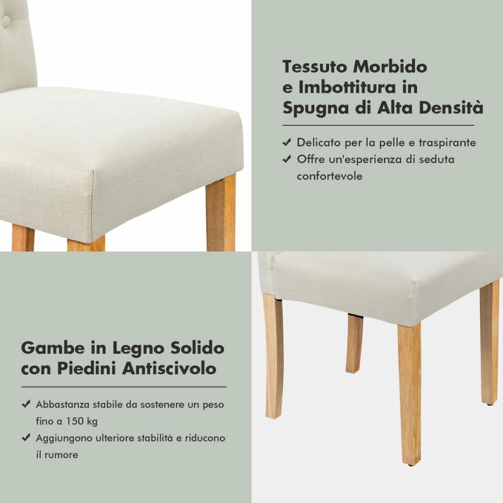 2 Seide Sala da Pranzo 43 x 61 x 100 cm, Seidie Cucina Laterali in Tessuto Rivestito con Gambe in Legno di Gomma, Tessuto di Lino Traspirante e Spugna ad Alta Densità (Beige)