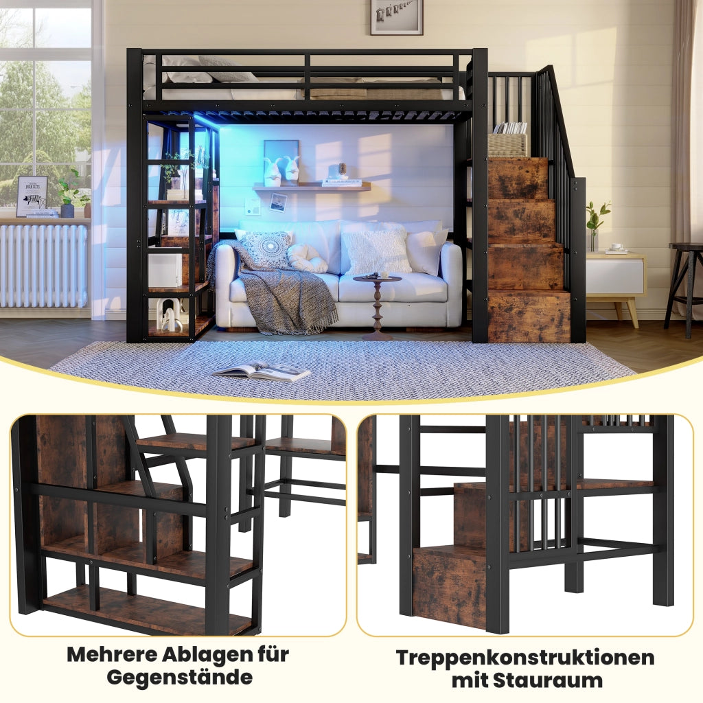OKWISH Letto a Soppalco 90×200 cm, Letto Singolo con Scala con Contenitore, Ripiani e LED Multicolore, senza Materasso, Nero
