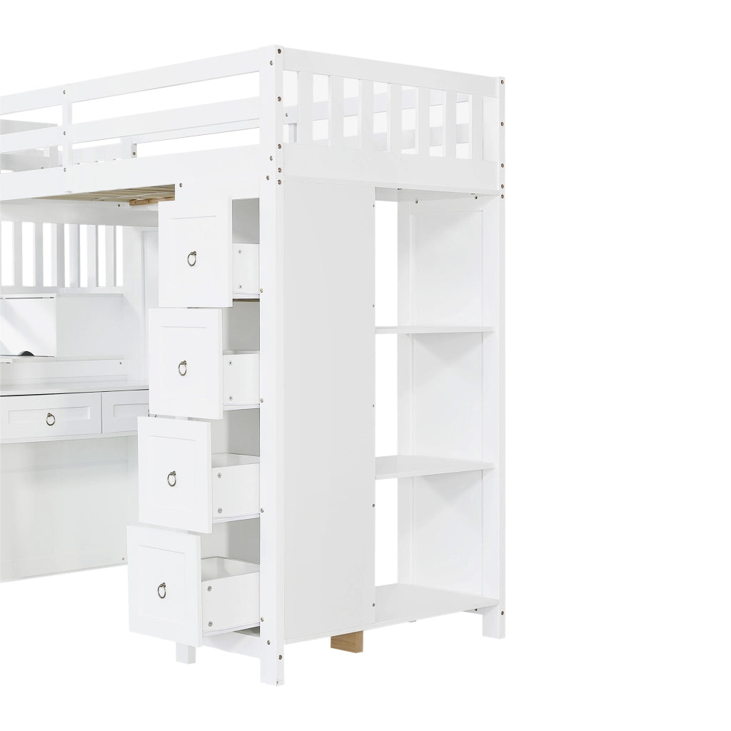 Letto a Soppalco 90 x 200 cm - Scrivania; 6 Cassetti e Mensole - Bianco