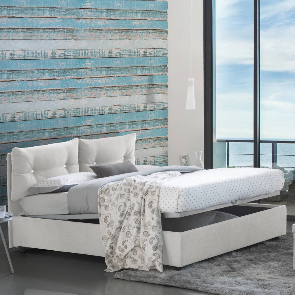 Letto singolo Amaro, Letto contenitore con rivestimento in tessuto, Made in Italy, Apertura frontale, adatto per materasso cm 80x190, Bianco
