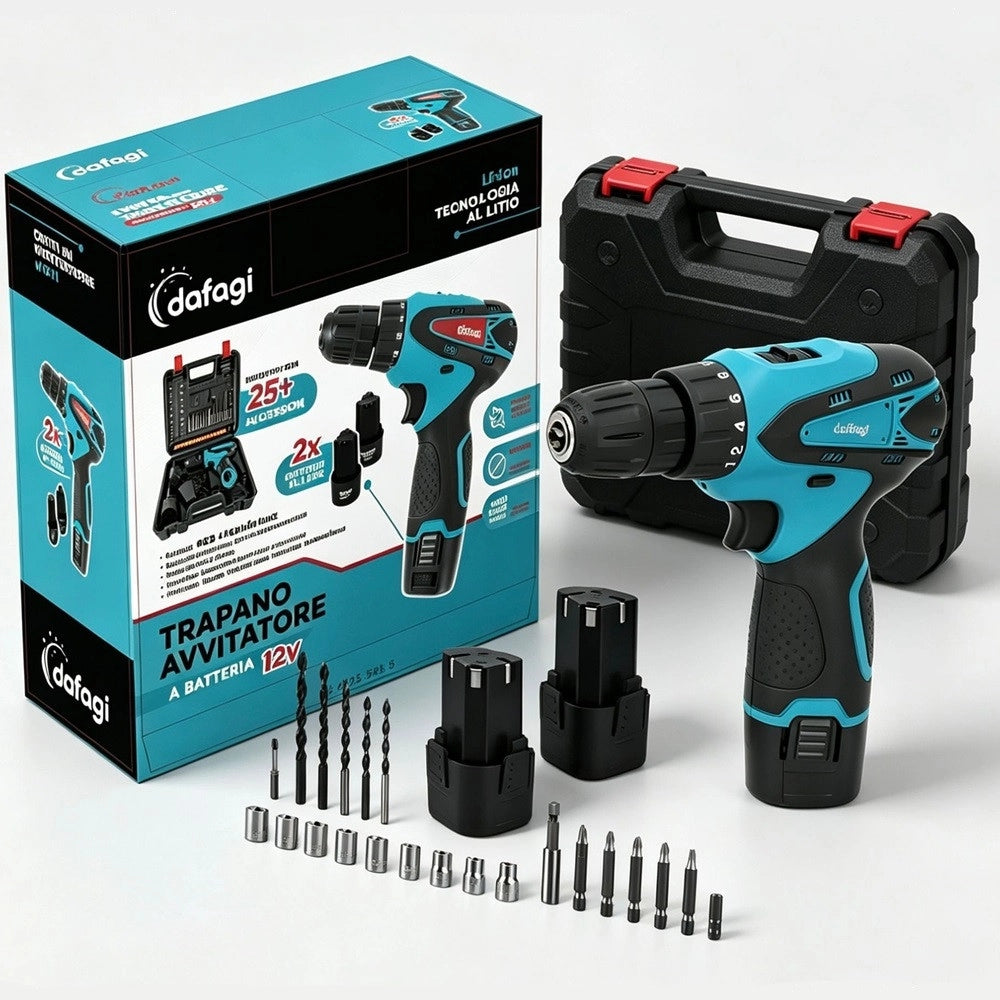 Trade Shop - Trapano Avvitatore A 2 Batteria Litio 12v Funzione Reversibile Con Valigetta 25 Accessori -