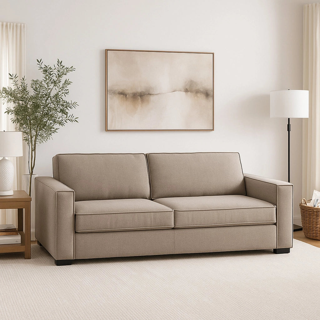 Divano fisso Ayramah, Divano a 2 posti Large, Made in Italy, SofÒ  Soggiorno in tessuto, con Braccioli slim, cm 180x95h90, Tortora