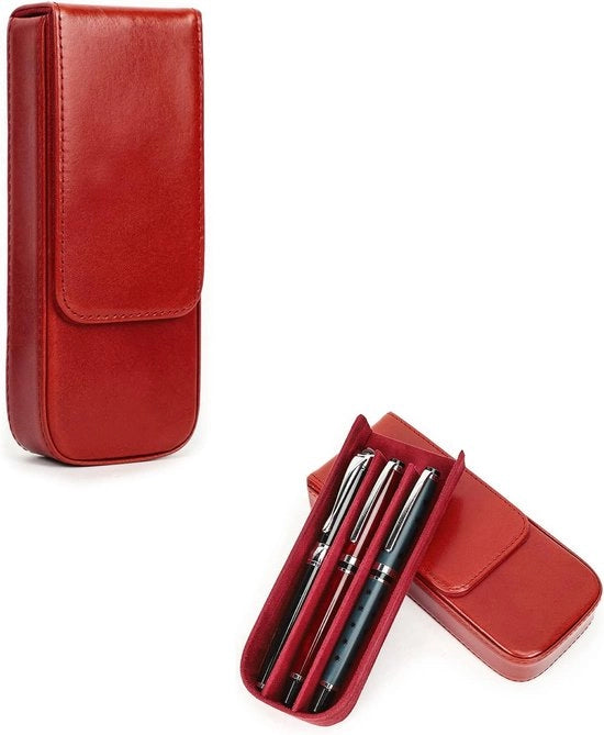 Casella protettiva in pelle autentica per penna - Rosso - Per 3 matite - Organizzatore di borsa - Pennello