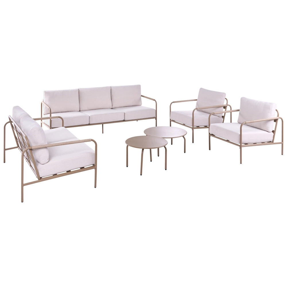 Set da giardino per 7 persone con struttura in acciaio, cuscini in tessuto idrorepellente, poltrone, divano e tavolino, beige