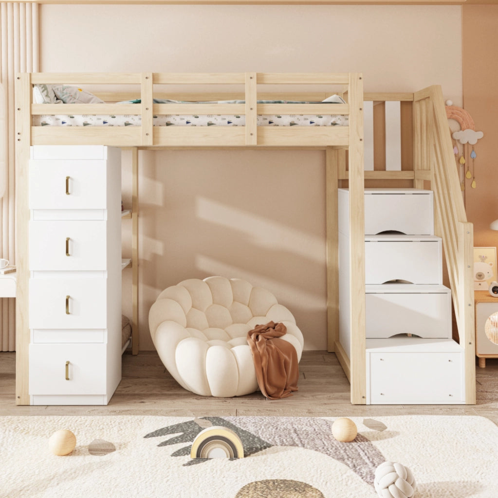 Letto a soppalco 90x200 cm in legno naturale con 4 cassetti; scaffale a 3 ripiani e scala laterale