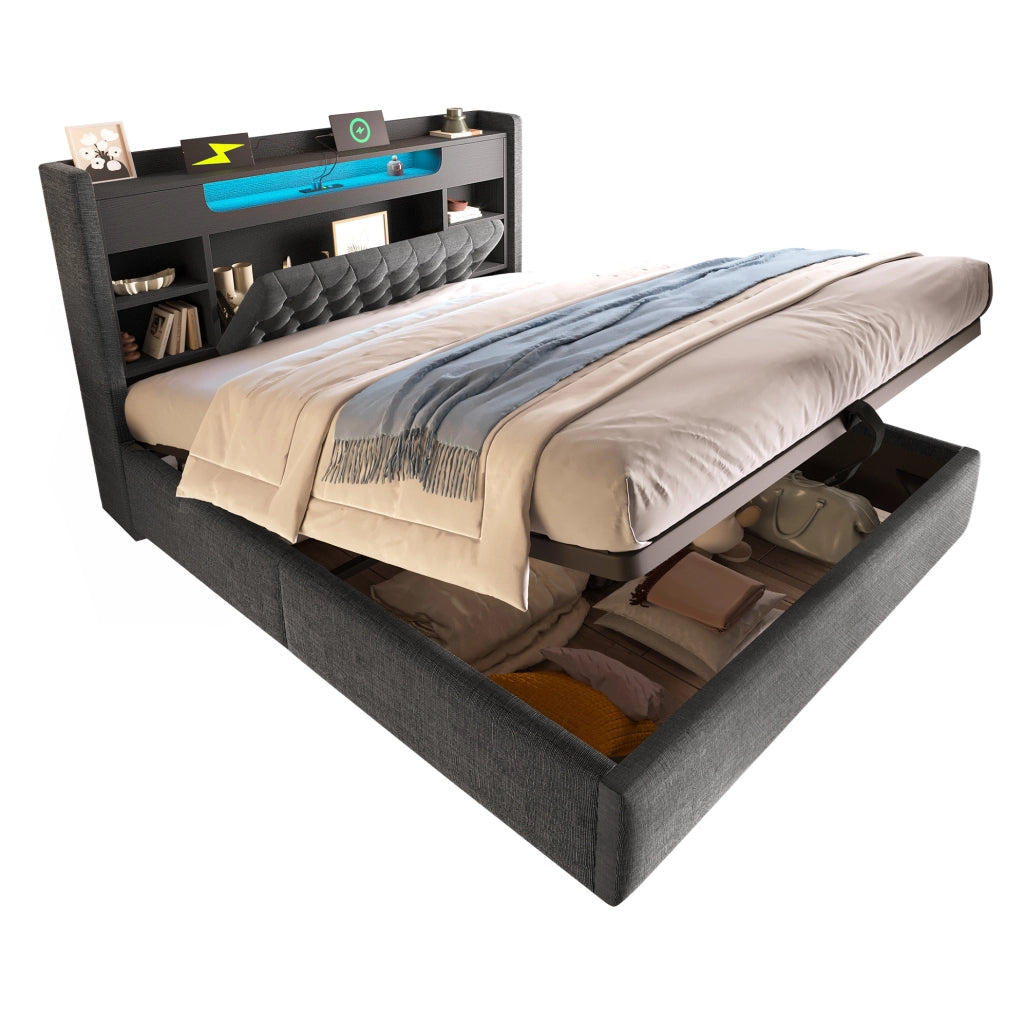 Letto matrimoniale 140x190 cm in tessuto effetto lino grigio con contenitore; LED e porte USB