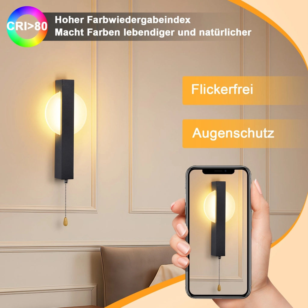 ZMH Applique da parete moderna a LED per interni nera con interruttore a tirante 3000K 6W