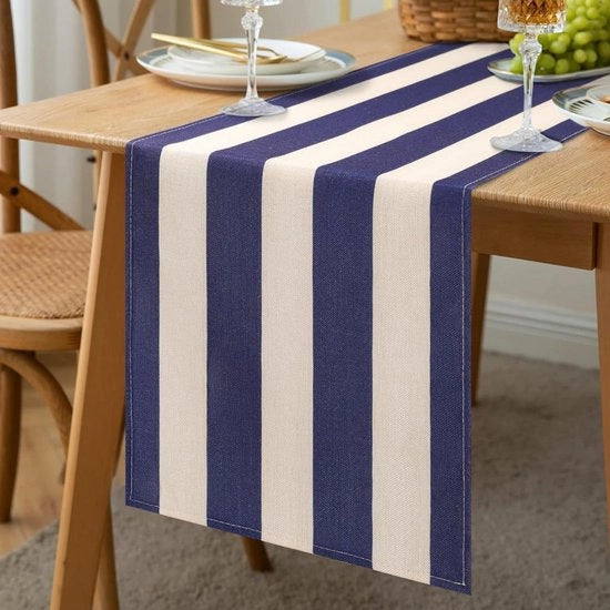 Tavolo da pranzo moderno con tovaglia in lino classico azzurro marino a strisce, 40 x 140 cm, lavabile, per tavoli da pranzo, ideale per feste, matrimoni e ricevimenti in stile rustico.