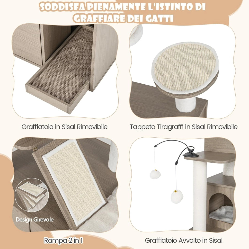 Albero per Gatti con Mobile per Lettiera, Torre per Gatti Moderna 2-in-1 con Doppie Cucce, Piattaforma Superiore, Pali in Sisal, Tiragraffi, Rampino, Piattaforma e Palline, Grigio