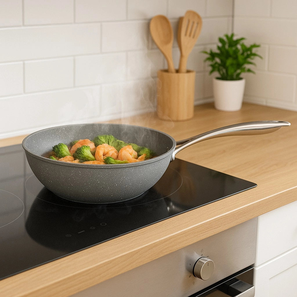Set Padelle Induzione Pietra Antiaderenti 20/24/28 cm con Coperchi e 5mestoli Grigio