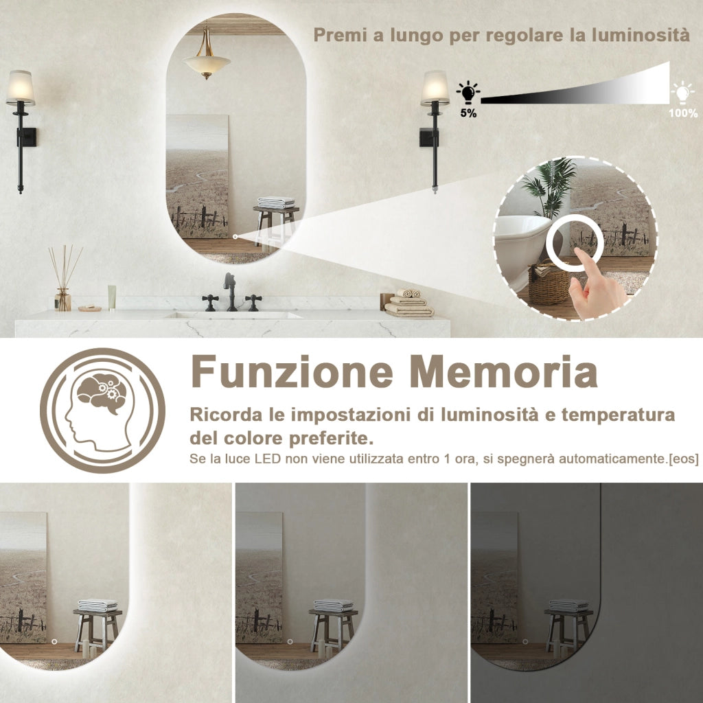 Specchio bagno ovale 45x75 cm con led. Dimmerabile + Touch Control + Bordo non sabbiato + IP44