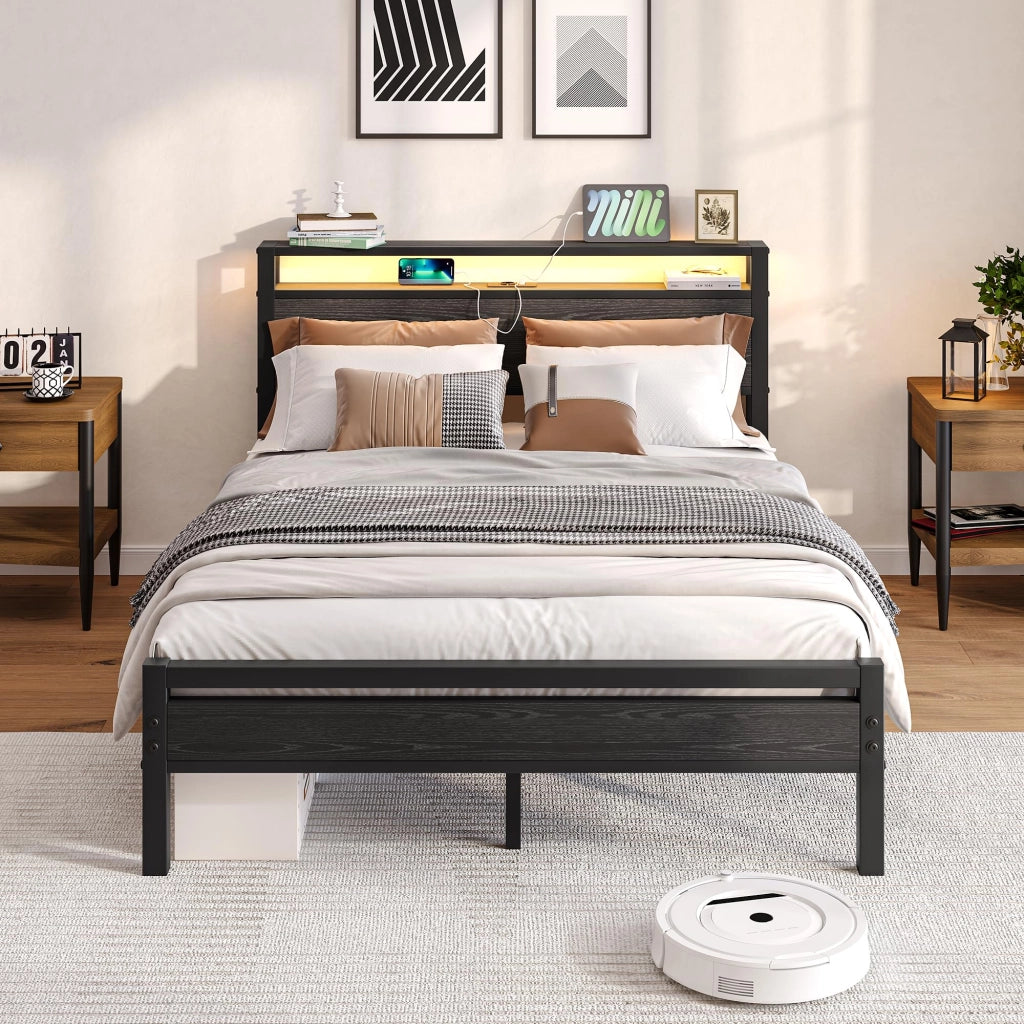 Letto contenitore 140 × 190 cm con testiera a 2 ripiani, USB Type-C, senza materasso, in metallo e MDF, nero