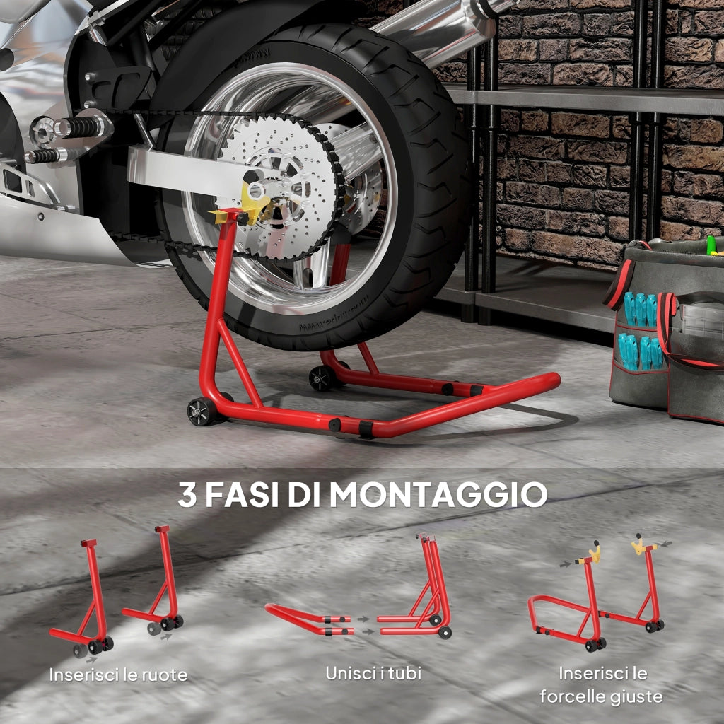 Cavalletto per Moto con Capacit¨¤ di 544 kg, Forcelle Regolabili a U e L, Rotelle e Cuscinetti Antiscivolo, Rosso