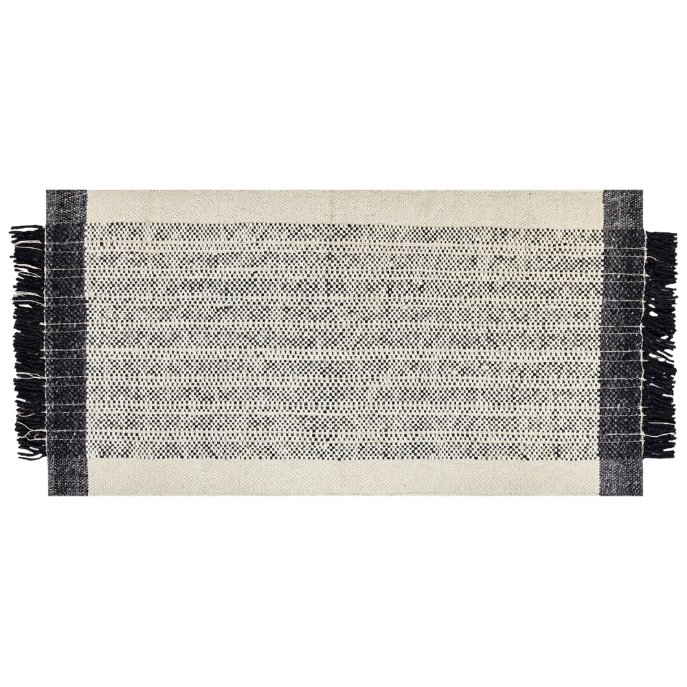 Tappeto bianco e nero lana cotone 80 x 150 cm intrecciato a mano rettangolare con frange