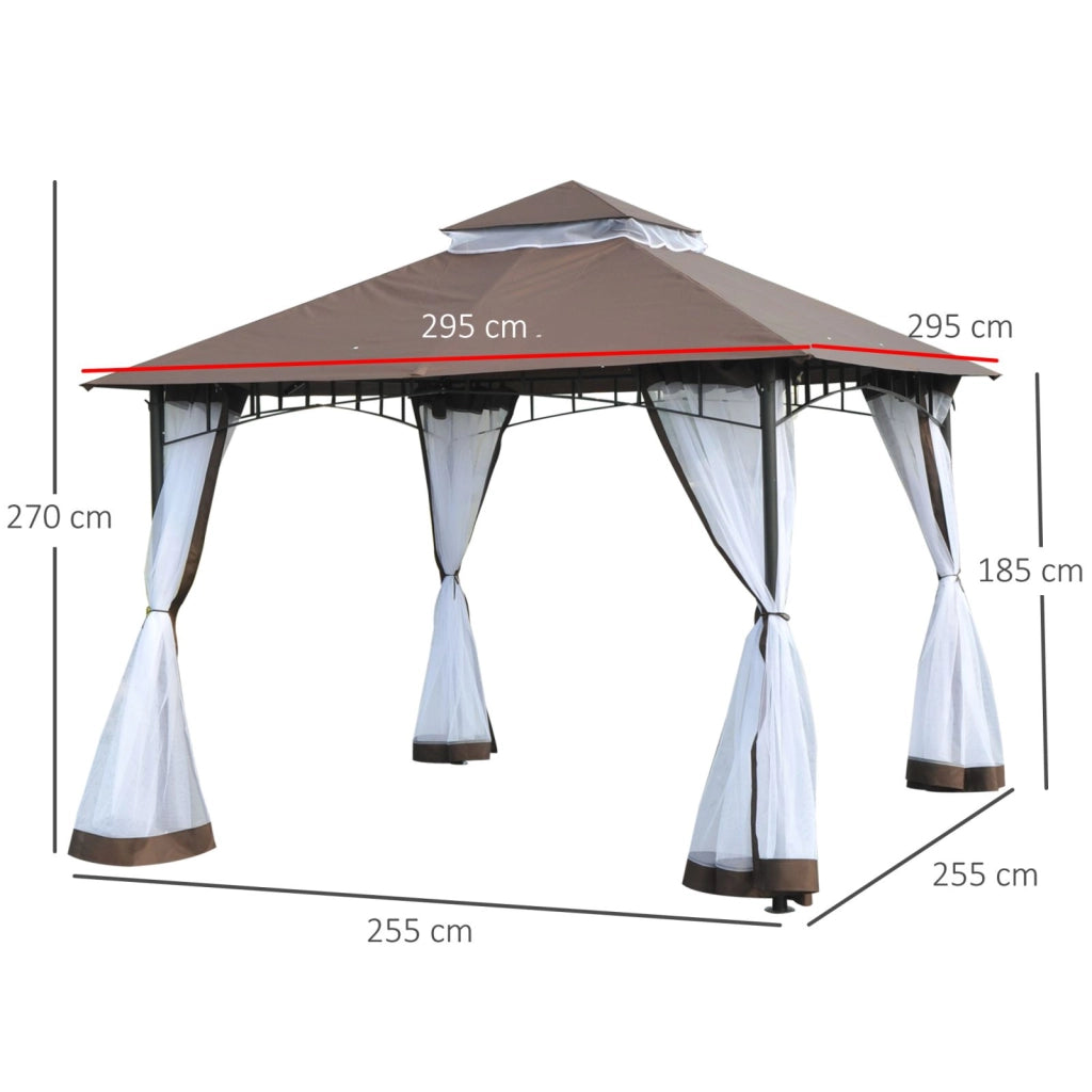 EasyComfort Gazebo da Giardino 3x3m con Zanzariera, Tetto a 2 Livelli e Struttura in Metallo Marrone