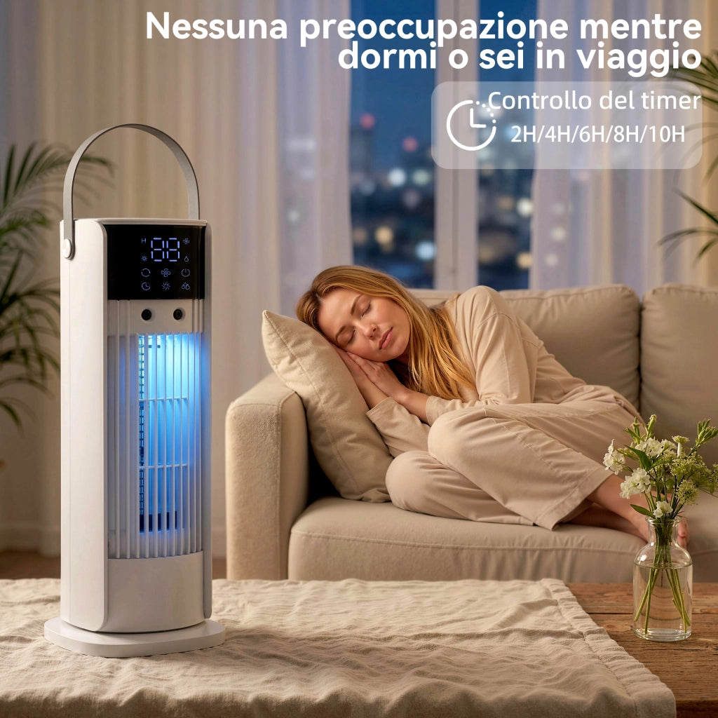 Ventilatore da Tavolo 16,8x16x41 cm con Nebulizzazione Telecomando Luci LED 3 Velocità Timer 10H Bianco