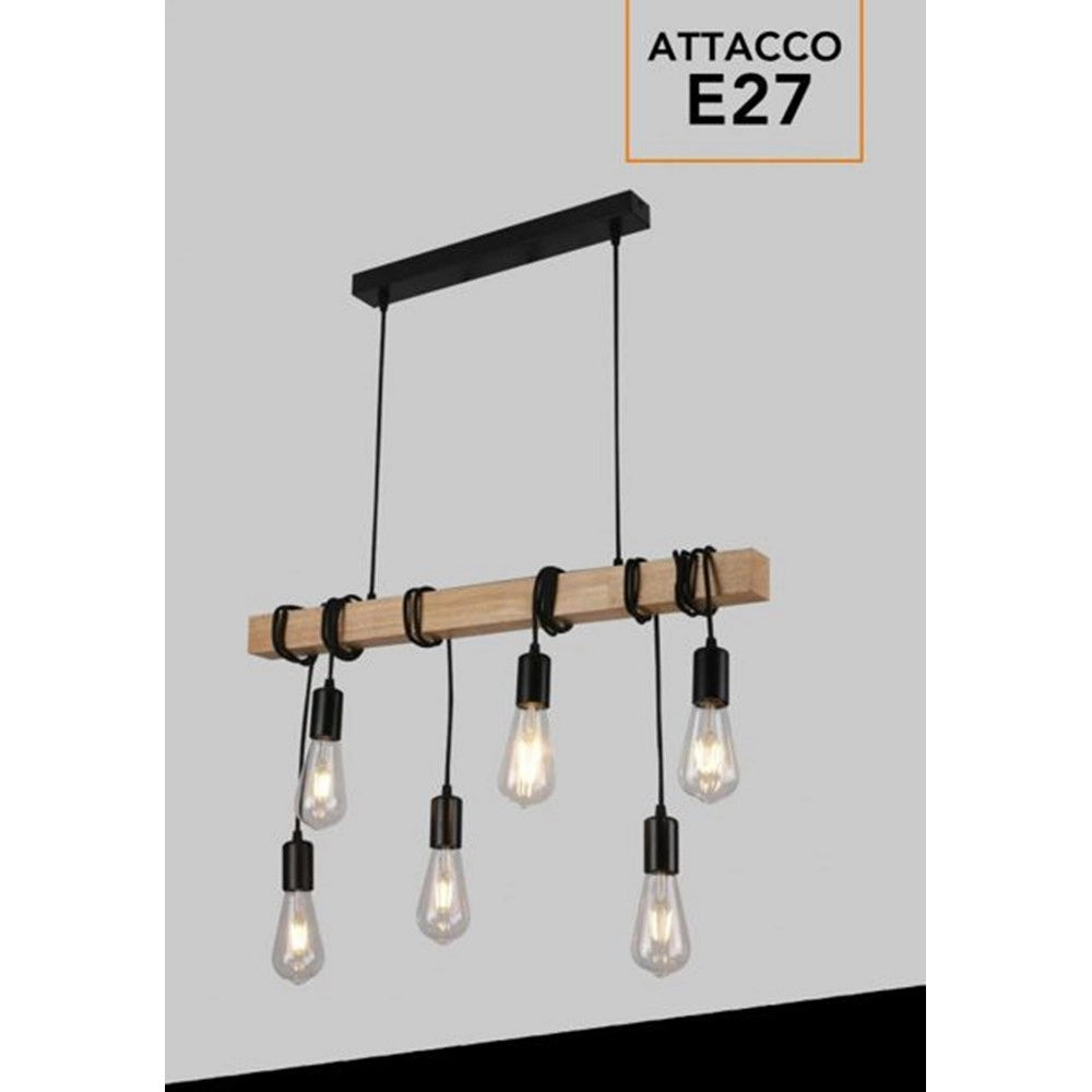 Trade Shop - Lampadario Sospensione Legno Stile Industriale 6 Portalampada E27 Lampada Cucina B47-6 -