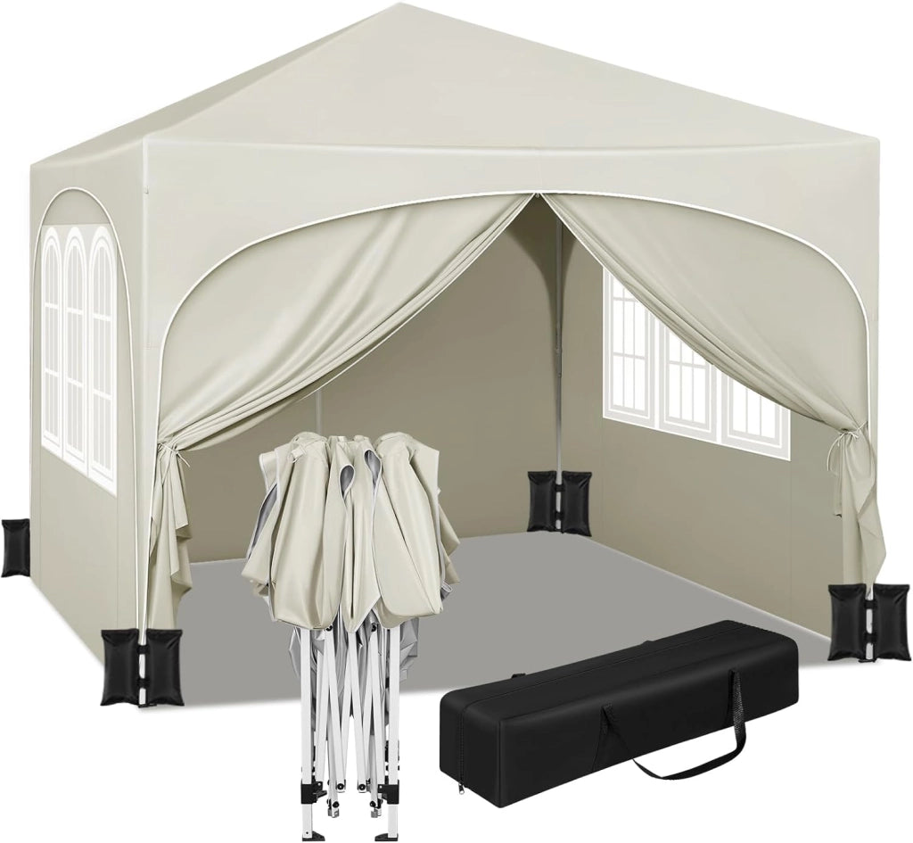Gazebo da Giardino Richiudibile 3x3m con Pannelli Laterali,Gazebo da Esterno in Ferro Regolabile in Altezza Tendone con Soffitto Semicircolare Pieghevole,Set di 4 Sacchi di Sabbia,Grigio