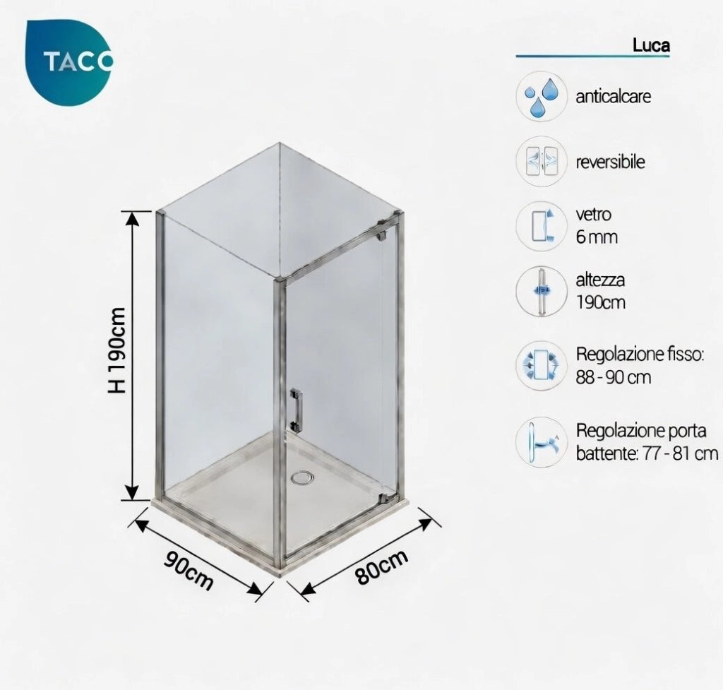 Box doccia 2 lati 90x80 cm fisso + porta 1 battente h190cm LUCA - Cromato Lucido
