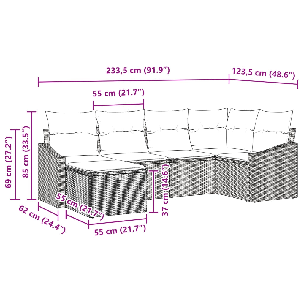 Set di Divani da Giardino a 6 Pezzi con Cuscini Grigio Rattan Polipropilene