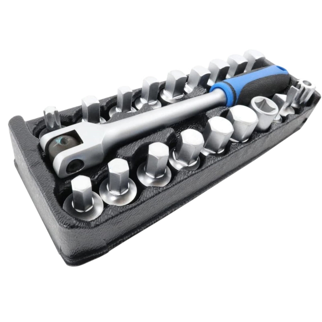Set 20 chiavi bussola per tappi scarico coppa olio 3/8'' + Chiave Snodo FS156116