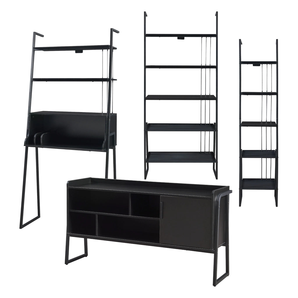 Set Storfjord Composto di Scrivania con Ripiani in Alto Mobile TV e 2 Scaffali a Scala - Nero [en.casa]